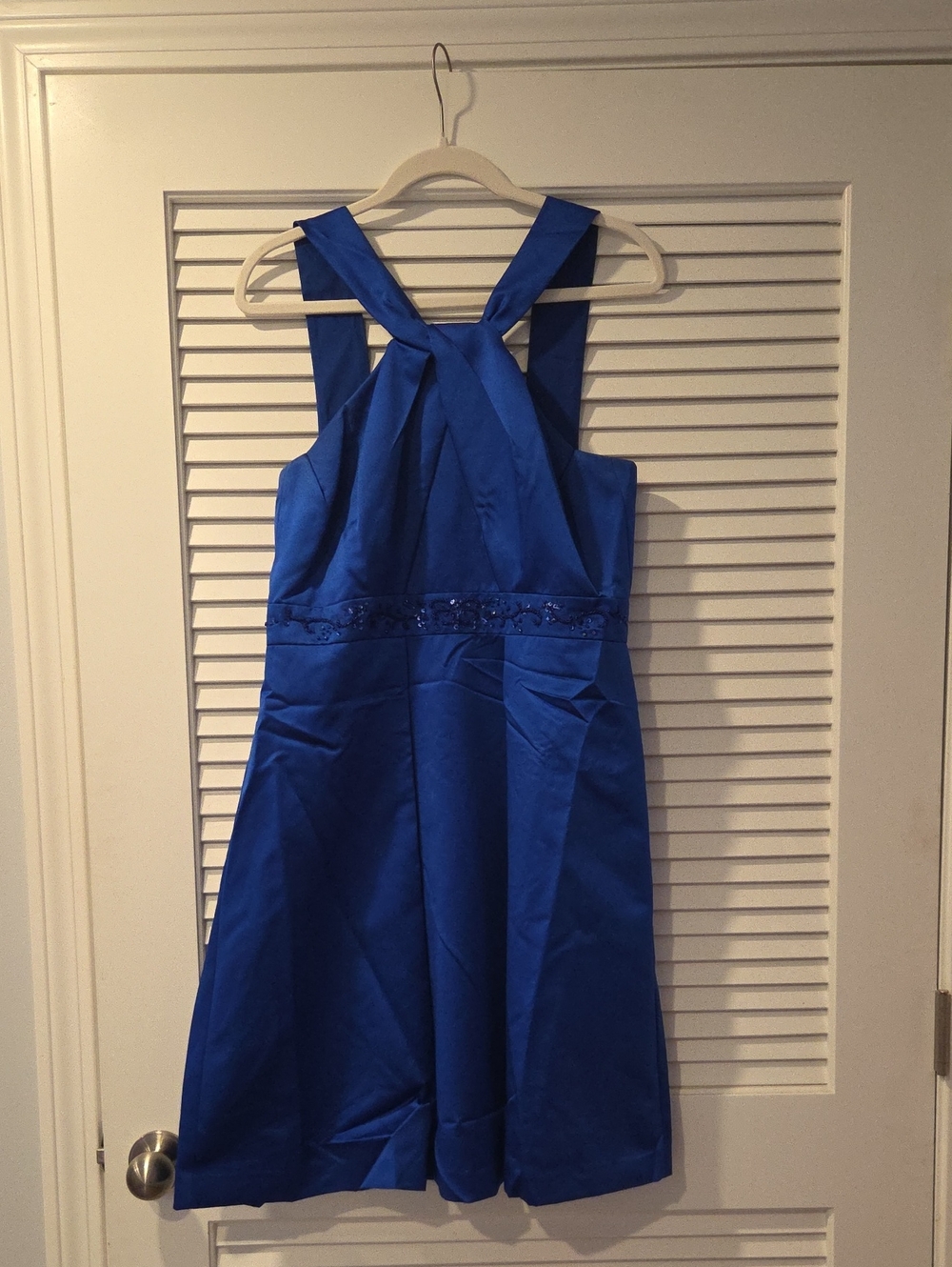 David's Bridal Royal Blue Cross-Front Satin Dress